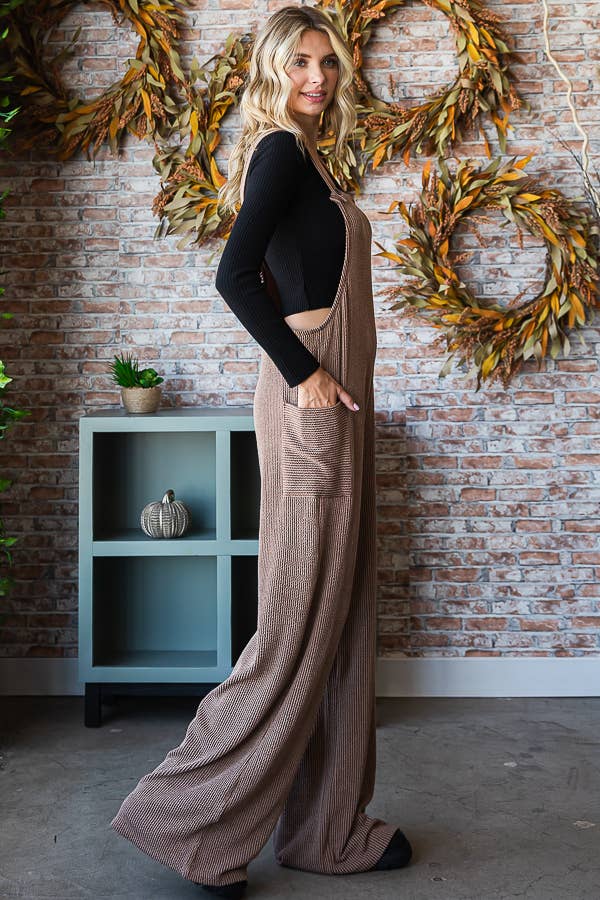 5-Rib Knit Wide Leg Adjustable Strap Overall Jumpsuit