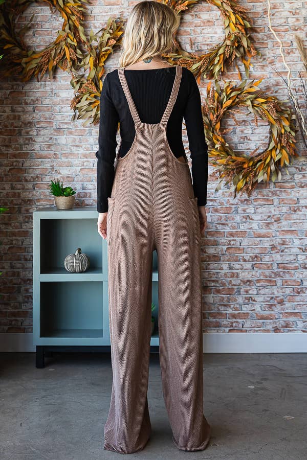 5-Rib Knit Wide Leg Adjustable Strap Overall Jumpsuit
