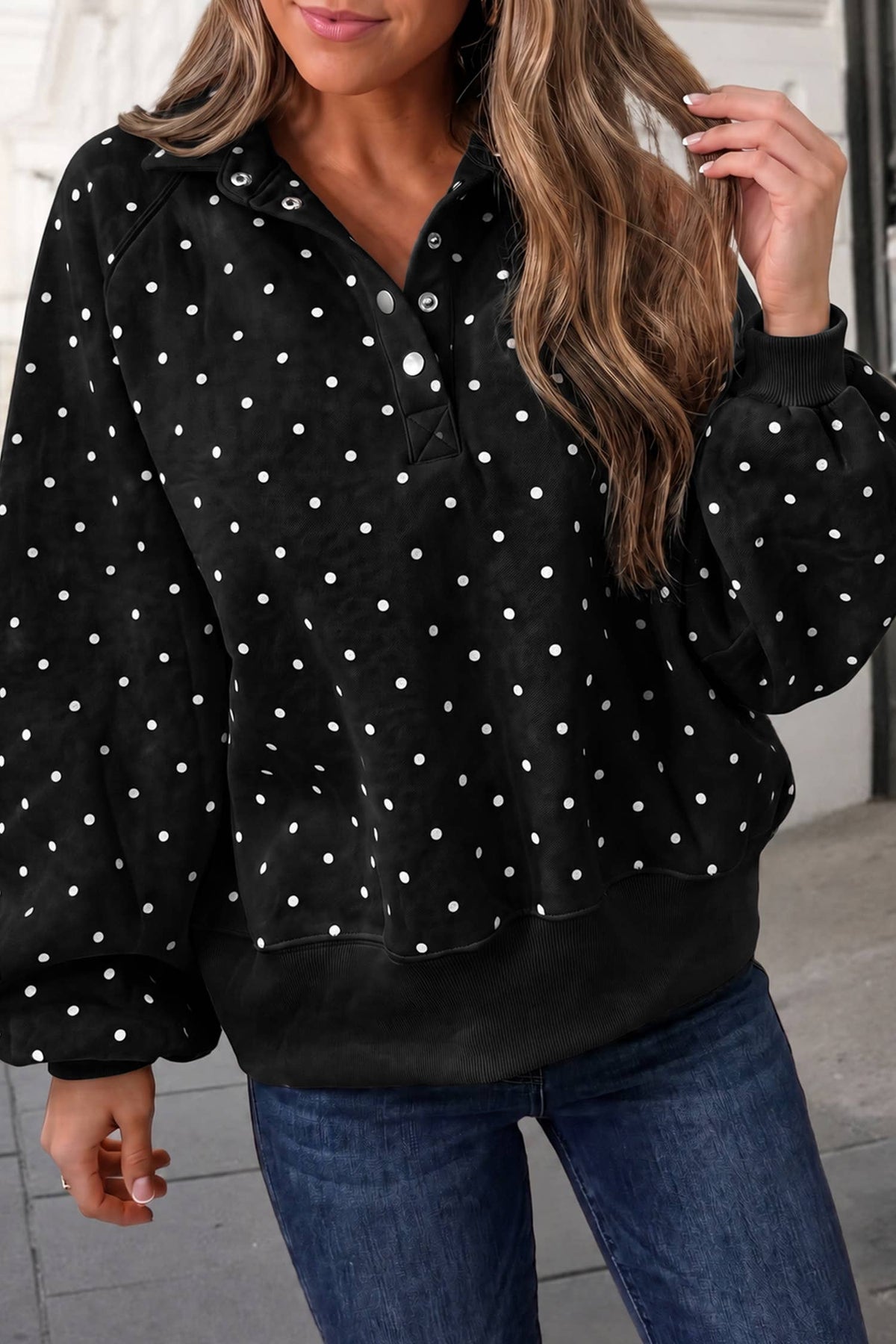 12-Polka Dot Button Collar Mockneck Sweatshirt