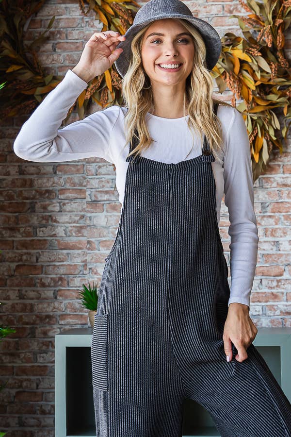 5-Rib Knit Wide Leg Adjustable Strap Overall Jumpsuit