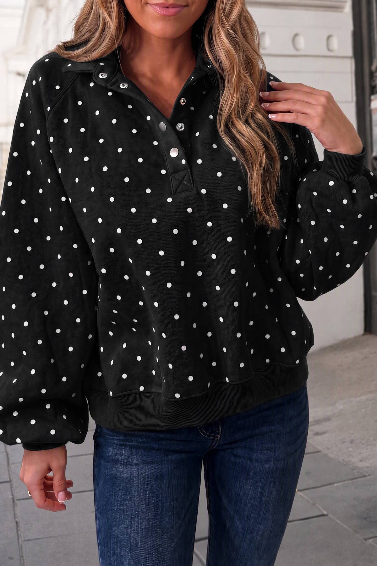 12-Polka Dot Button Collar Mockneck Sweatshirt