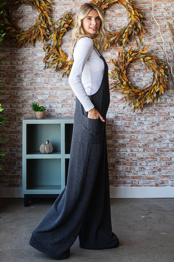 5-Rib Knit Wide Leg Adjustable Strap Overall Jumpsuit