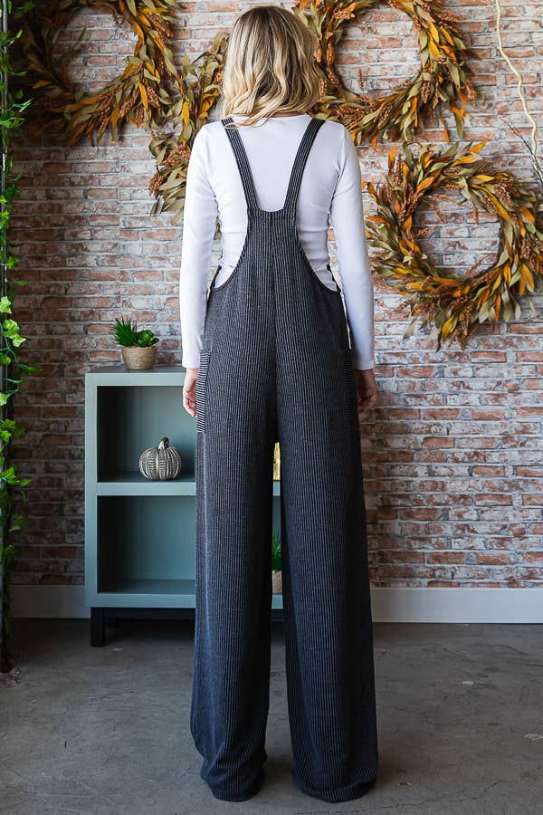 5-Rib Knit Wide Leg Adjustable Strap Overall Jumpsuit