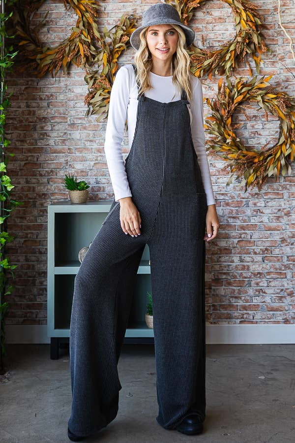 5-Rib Knit Wide Leg Adjustable Strap Overall Jumpsuit