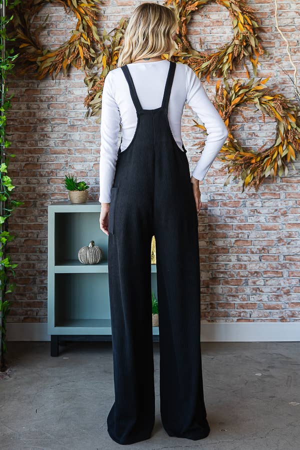 5-Rib Knit Wide Leg Adjustable Strap Overall Jumpsuit