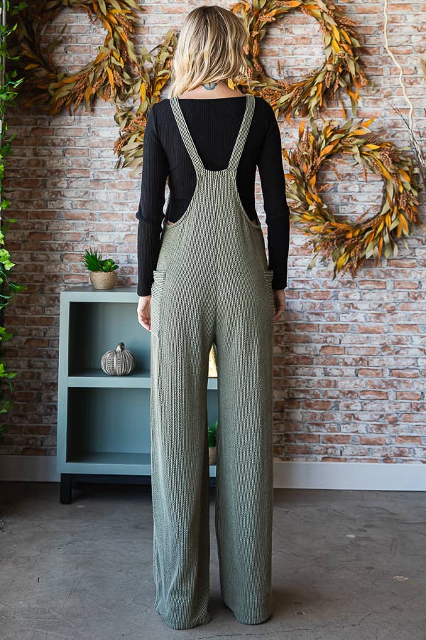 5-Rib Knit Wide Leg Adjustable Strap Overall Jumpsuit