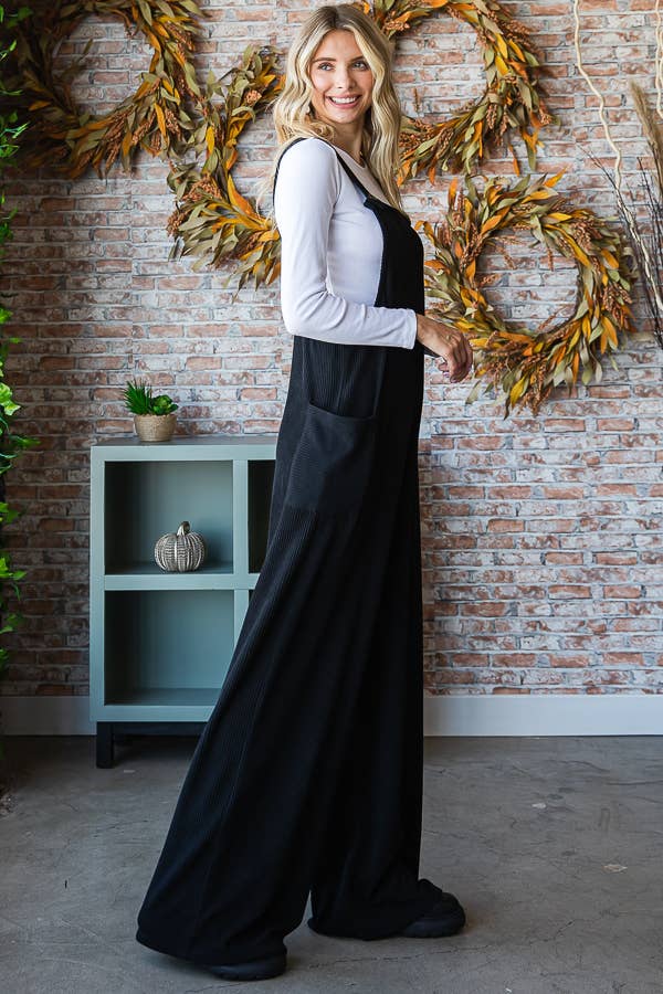 5-Rib Knit Wide Leg Adjustable Strap Overall Jumpsuit