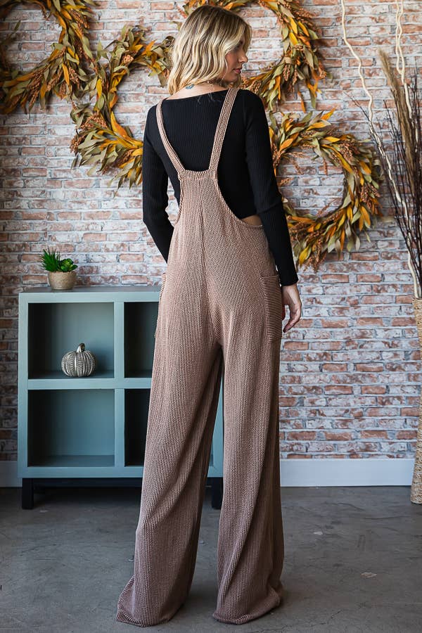 5-Rib Knit Wide Leg Adjustable Strap Overall Jumpsuit