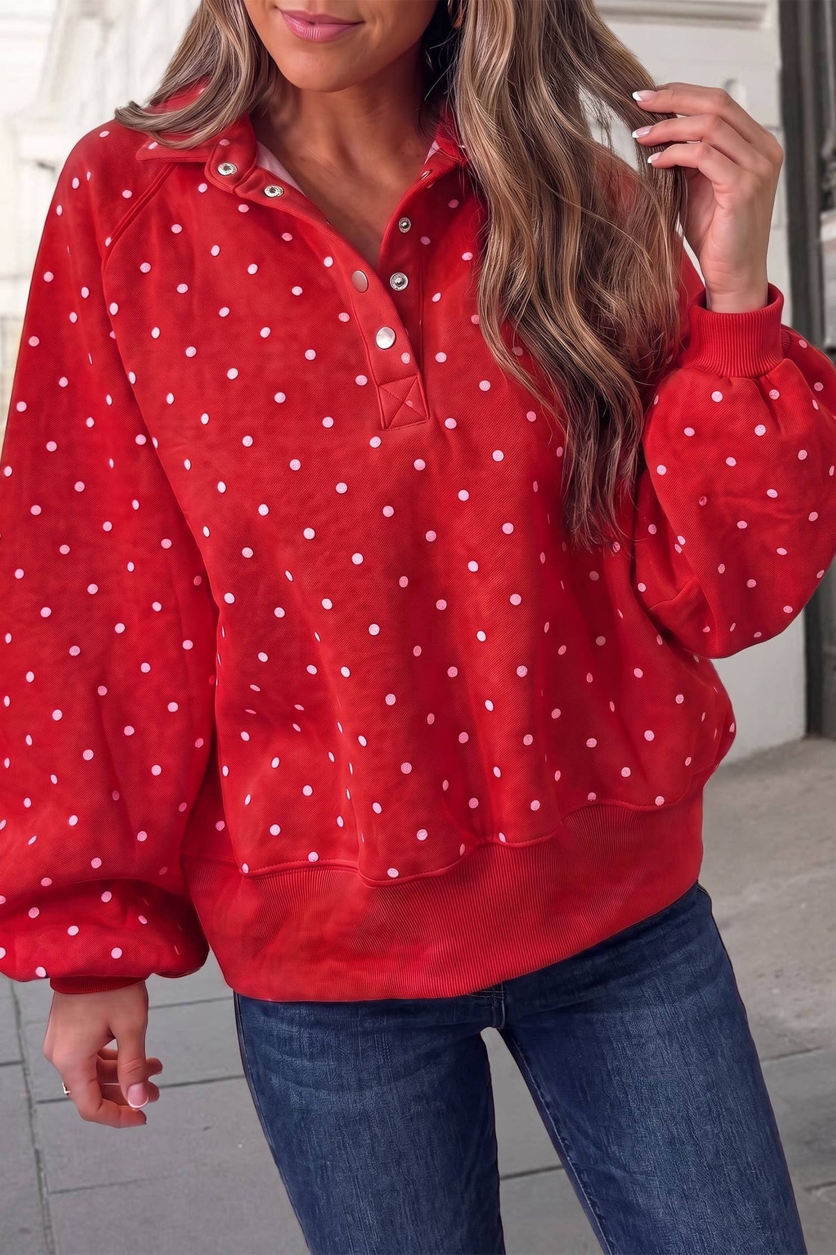 12-Polka Dot Button Collar Mockneck Sweatshirt