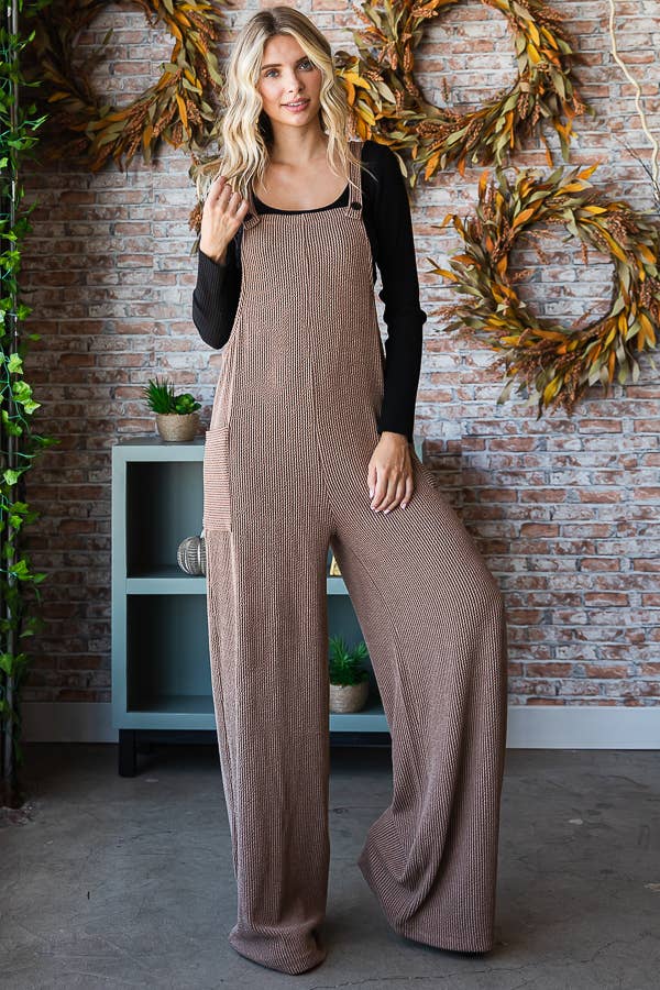 5-Rib Knit Wide Leg Adjustable Strap Overall Jumpsuit