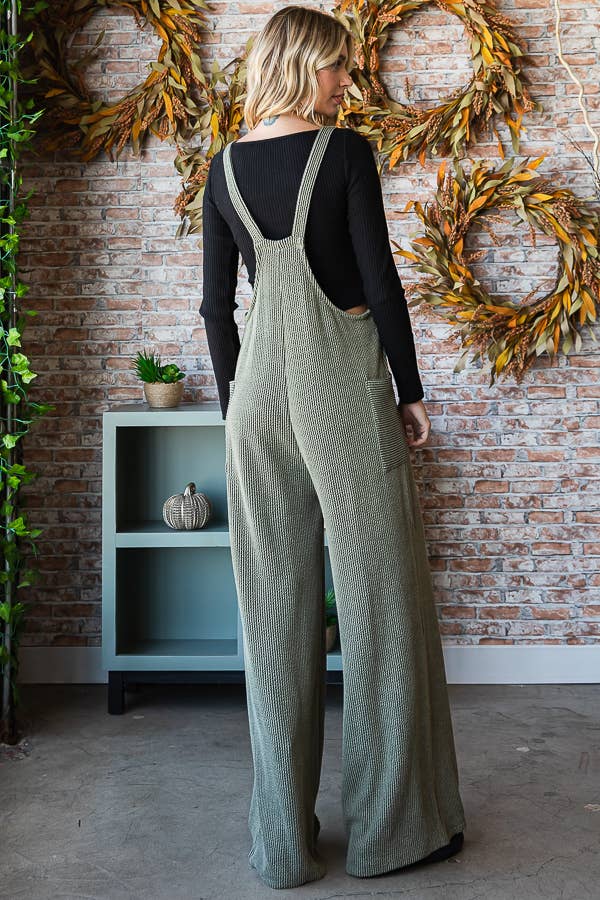 5-Rib Knit Wide Leg Adjustable Strap Overall Jumpsuit