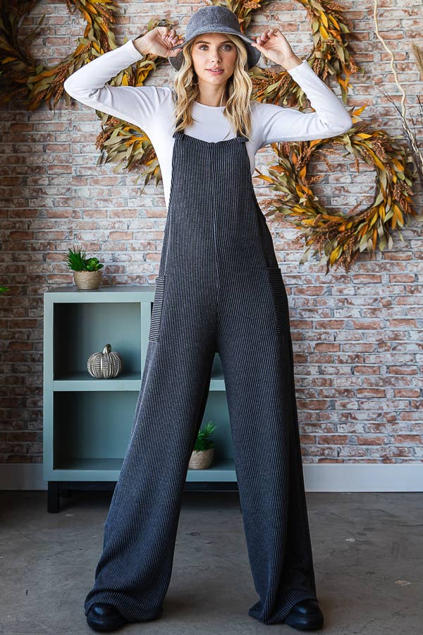 5-Rib Knit Wide Leg Adjustable Strap Overall Jumpsuit