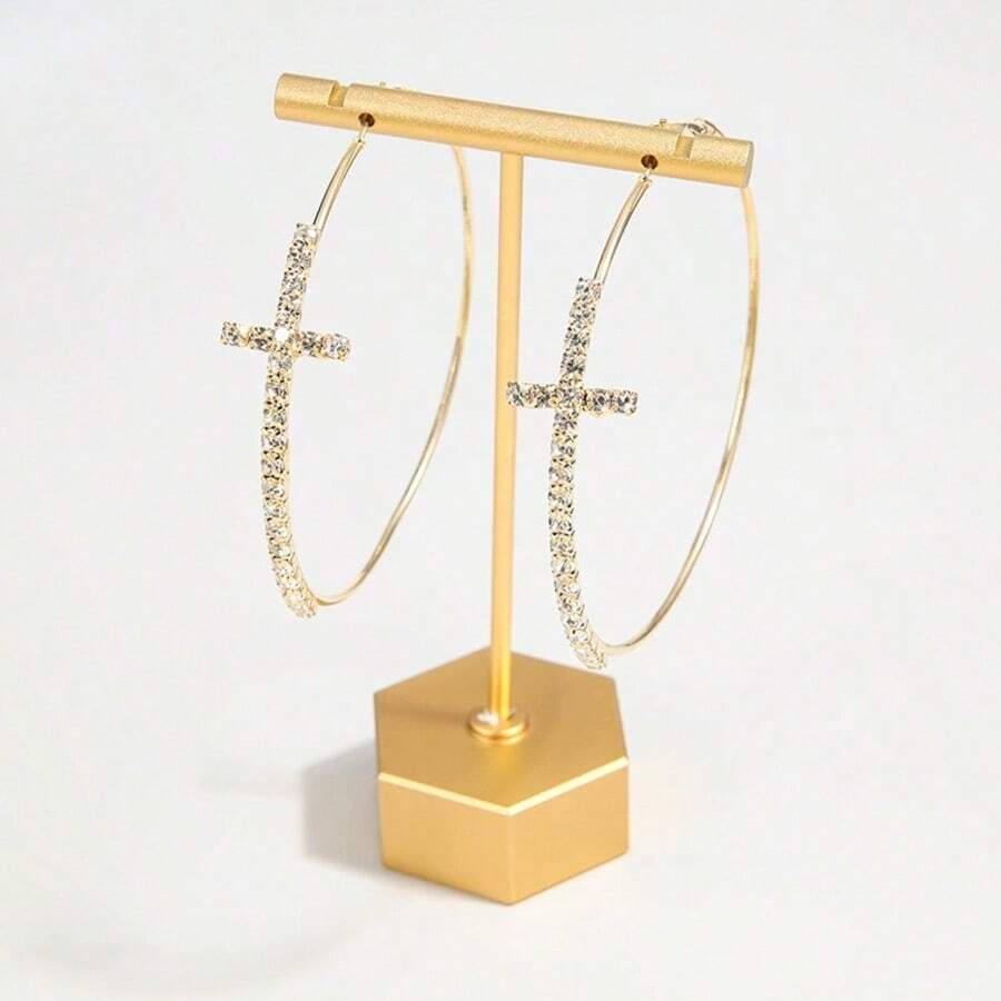 76 – Rhinestone Cross Hoops~Gold