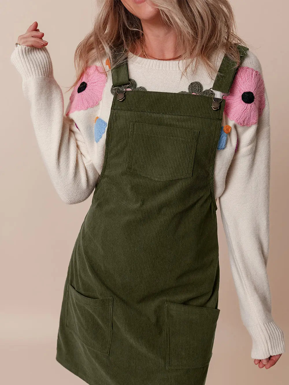 Solid Corduroy Front Pocket Sleeveless Overall Dress