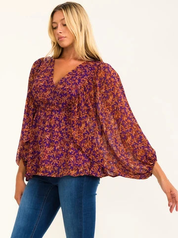 23 -Long Sleeve Surplice Floral Peplum Blouse