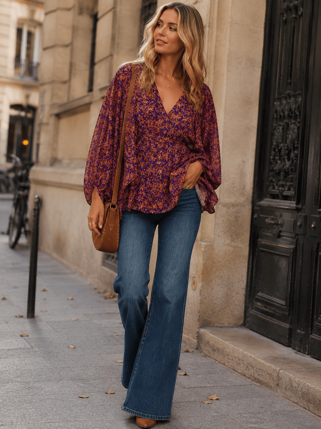23 -Long Sleeve Surplice Floral Peplum Blouse