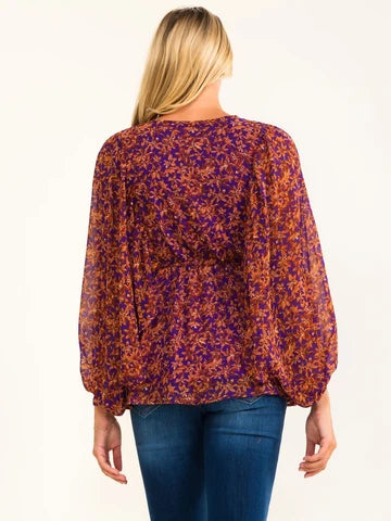 23 -Long Sleeve Surplice Floral Peplum Blouse
