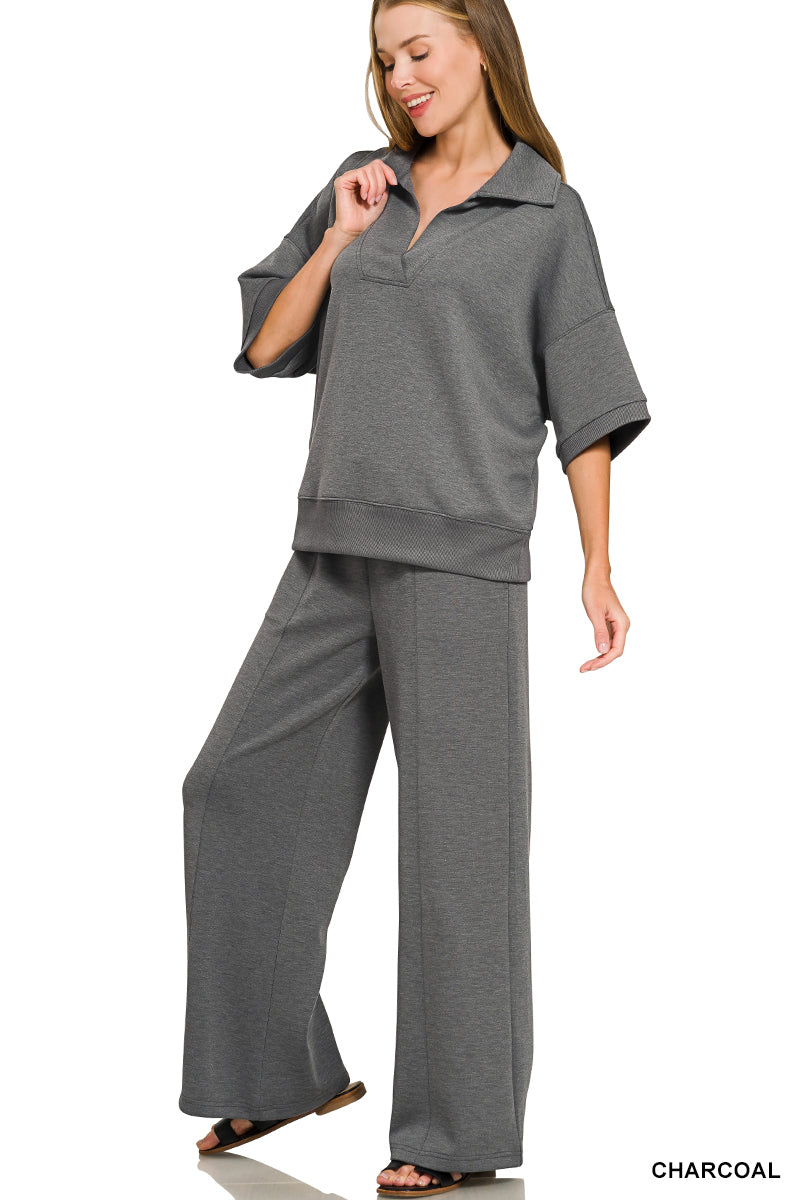 B-Scuba Collared Short Sleeve Pullover & Center Seam Pants Set