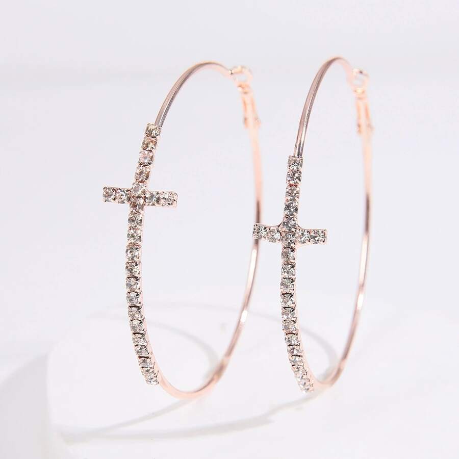75 – Rhinestone Cross Hoops~Rose Gold