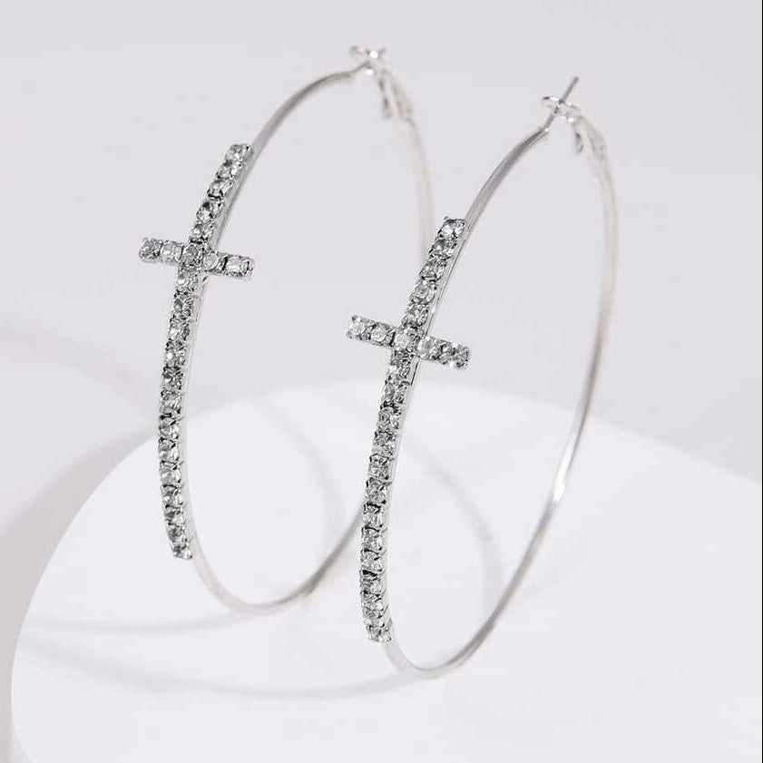 77 – Rhinestone Cross Hoops~Silver