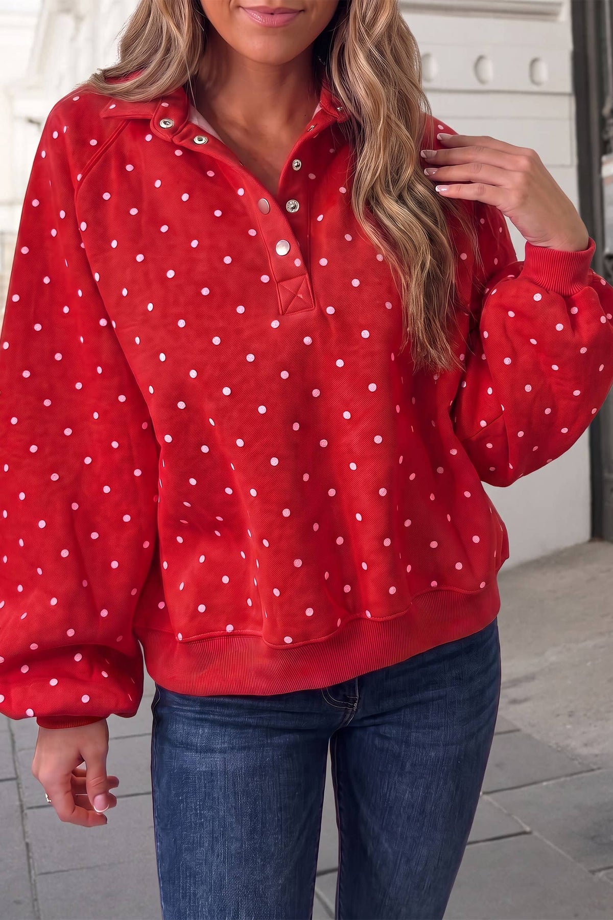 12-Polka Dot Button Collar Mockneck Sweatshirt