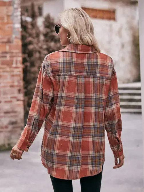 10- Women’s Caramel Plaid Oversized Flannel Button Down Shirt