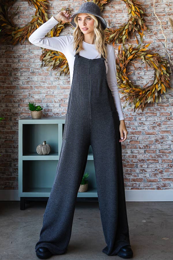 5-Rib Knit Wide Leg Adjustable Strap Overall Jumpsuit