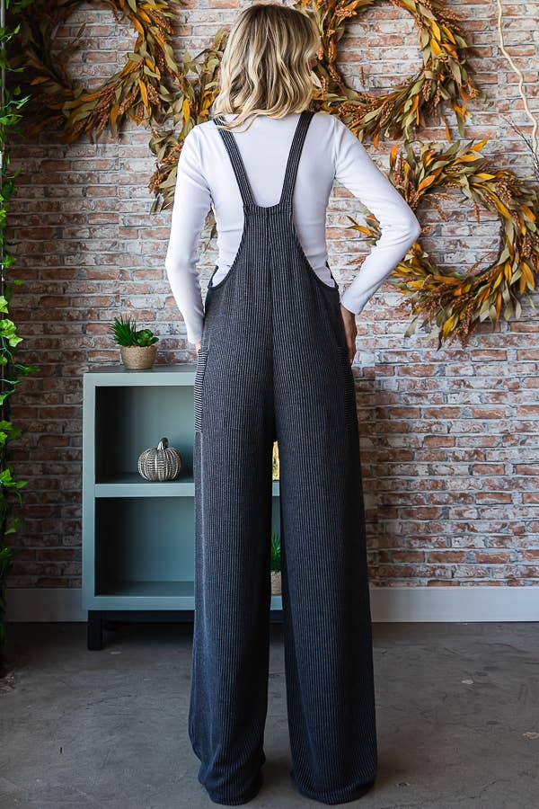 5-Rib Knit Wide Leg Adjustable Strap Overall Jumpsuit