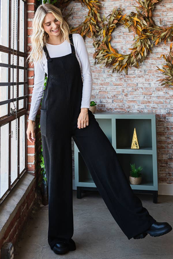 5-Rib Knit Wide Leg Adjustable Strap Overall Jumpsuit