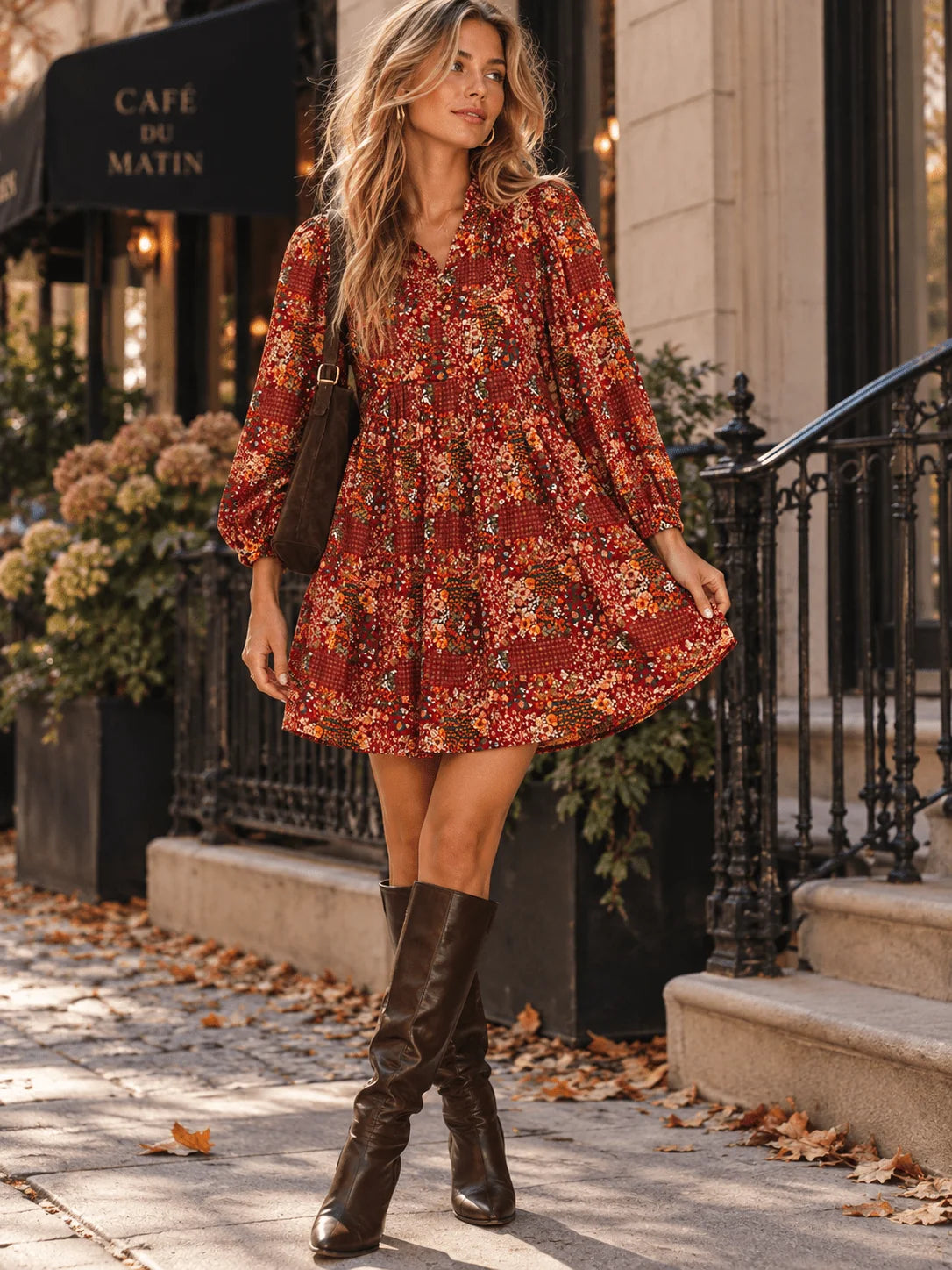 Women's long sleeve button up pockets floral print mini dress