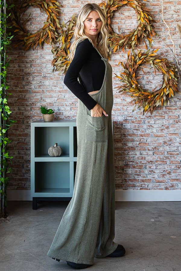5-Rib Knit Wide Leg Adjustable Strap Overall Jumpsuit