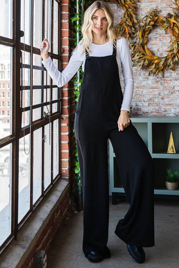 5-Rib Knit Wide Leg Adjustable Strap Overall Jumpsuit