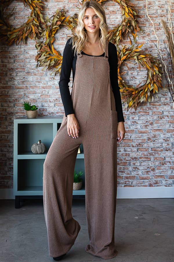 5-Rib Knit Wide Leg Adjustable Strap Overall Jumpsuit